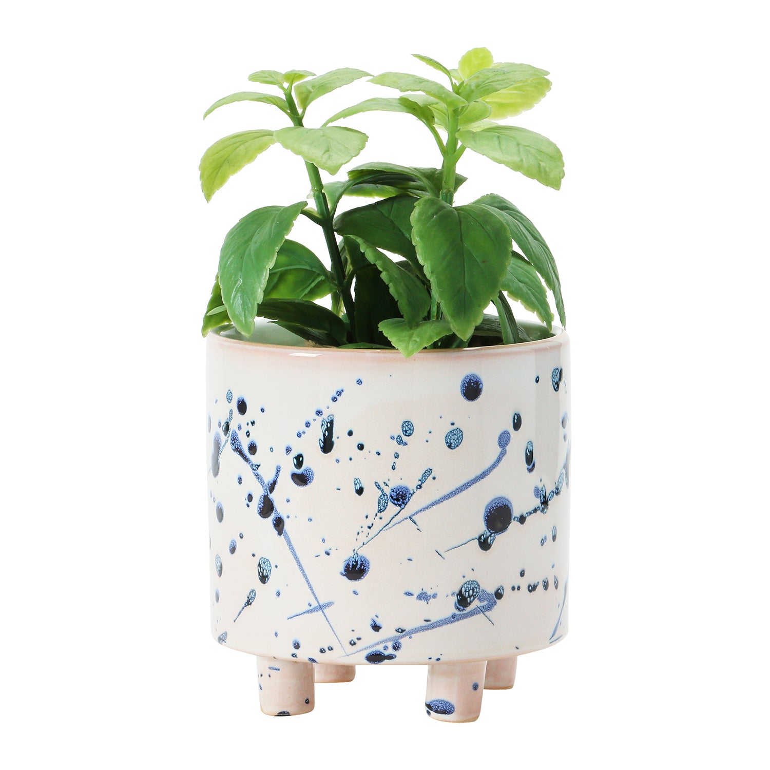 Stoneware Footed Planter with Splatter Design, White & Blue